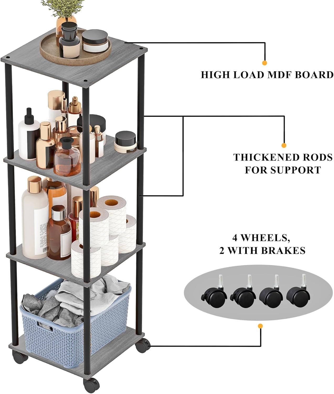 Bathroom Shelving Unit with Wheels, 4-Tier Narrow Open Floor Shelves, Metal Corner Slim Storage Rack for Bathroom Laundry Room Kitchen Living Room, Oak Grey