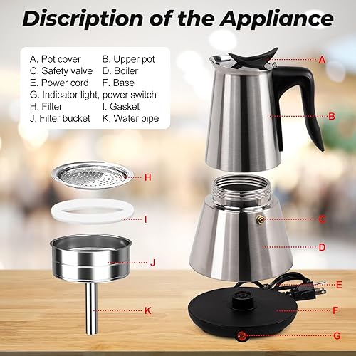 Miniatura 3 de Olla eléctrica de acero inoxidable para 6 tazas, 10.1 fl oz, cafetera espresso con base desmontable, cafetera ideal para el hogar, cafetera italiana