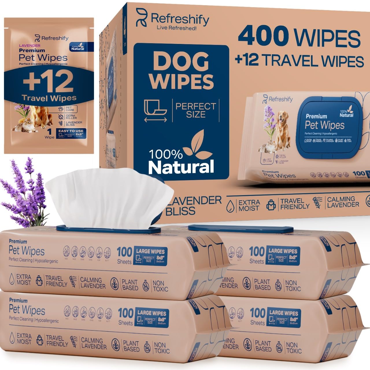 REFRESHIFY Pet Wipes for Dogs and Cats Plant Based – Lavendar Scented (Pack of 400) Dog Wipes for Paws and Butt - Deodorizing Non Toxic Dog Wipes, +12 Additional Travel Wipes