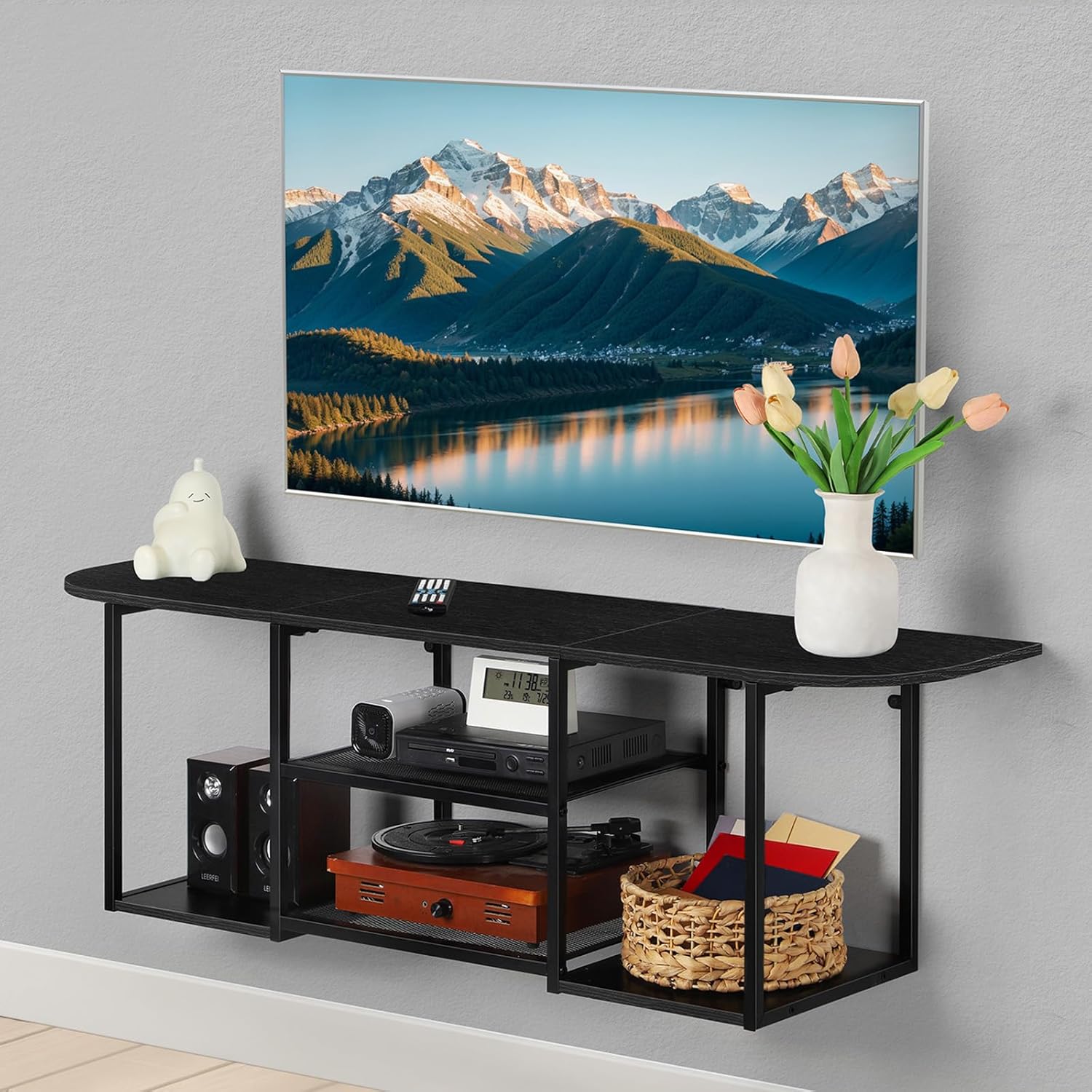 Floating TV Stand for Under TV Floating TV Shelf Wall Mounted Entertainment Console Center Media Table with Storage for Under TV Living Room Bedroom Office, Black