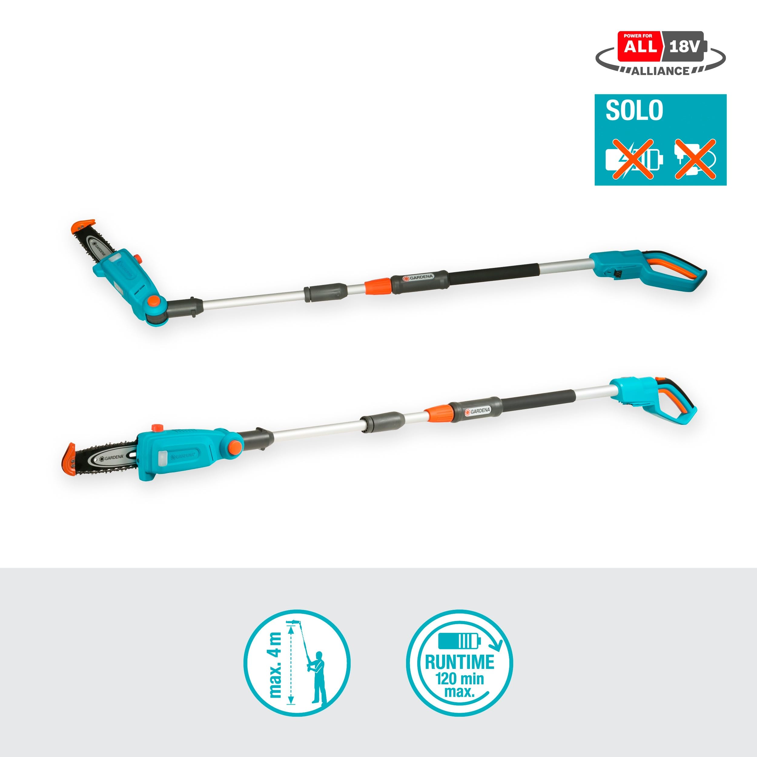 Gardena Elagueuse sur perche sur batterie TCS 20/18V P4A - sans chargeur ni batterie: Télescopique, Portée jusqu’à 4 m, Tête inclinable, Sans fil (14770-55)