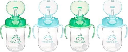 Mama Bear Vaso para sorber, silicona, 9 onzas, popote con peso, paquete de 4, azulverde