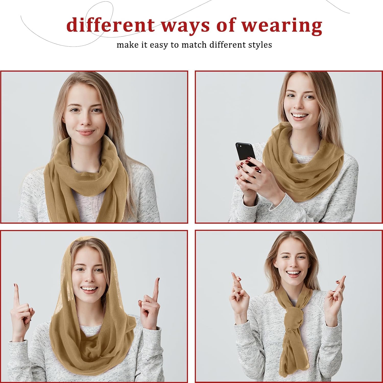 Handepo 6 Pcs Women Infinity Scarf Solid Color Lightweight Loop Scarf Winter Soft Neck Warmer for Women Men - Image 3