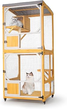 71.7" Catio Outdoor Cat Enclosure, 4 Tier Wooden Cat House with Wheels, Indoor Outdoor Cat Cage with Window Access, Resting Box, Platforms, Scratching Post, Weather-Resistant Roof Yellow