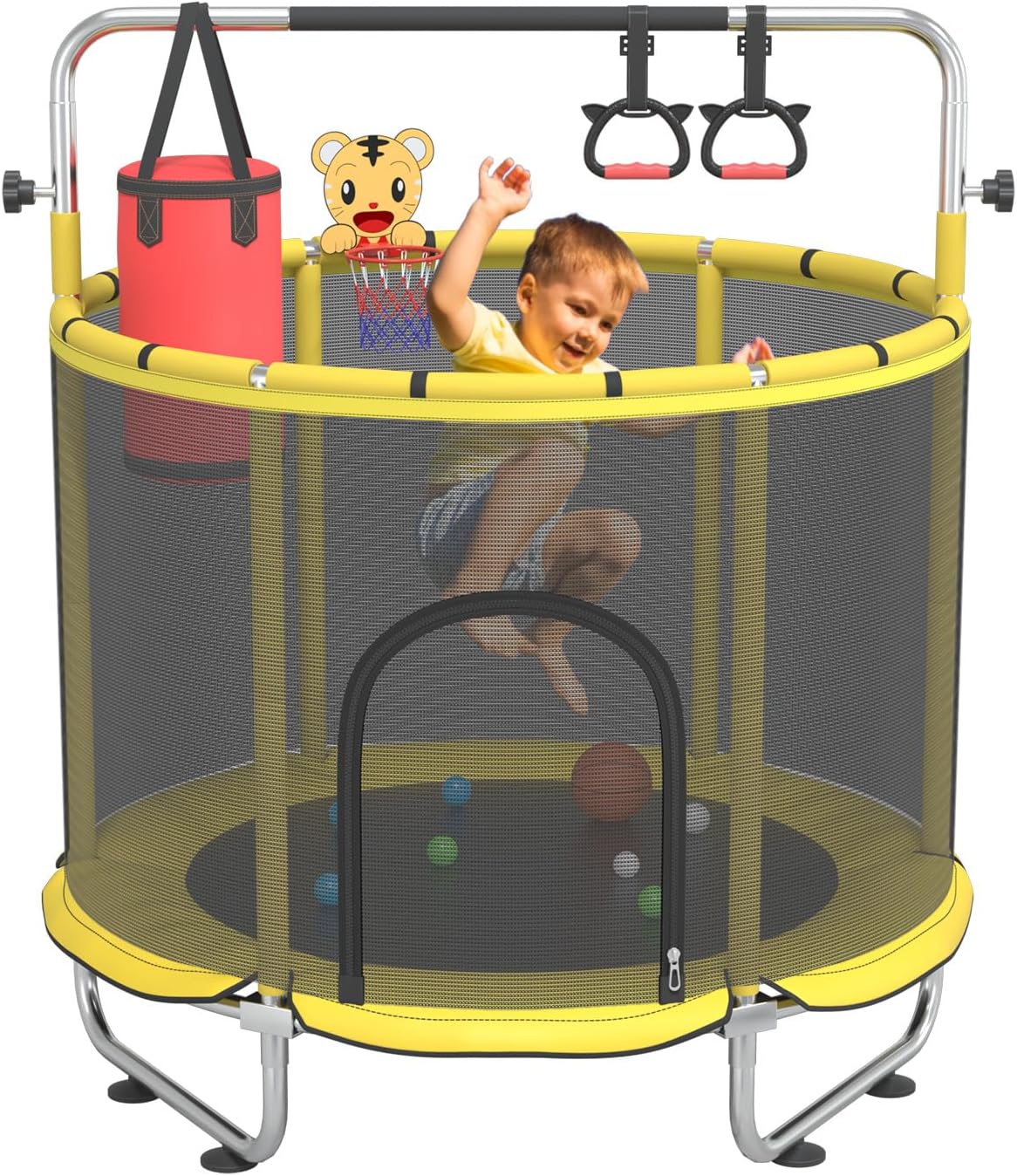 60" Trampoline for Kids, 500lbs Capacity Indoor Outdoor Toddler Trampoline with Adjustable Gymnastics Bar, Gifts for Boy Girl Age 1-8