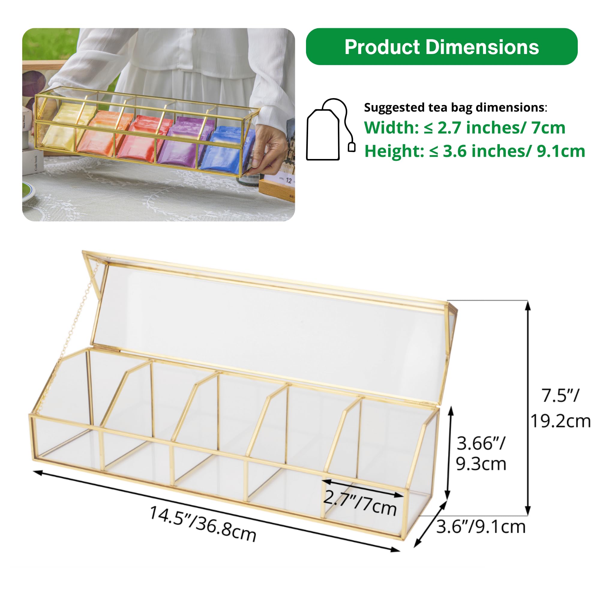 NCYP Organiseur de sachets de thé en verre avec 5 compartiments, comptoir d'intérieur en laiton avec couvercle, boîte de rangement, décoration, faite à la main (boîte en verre uniquement)