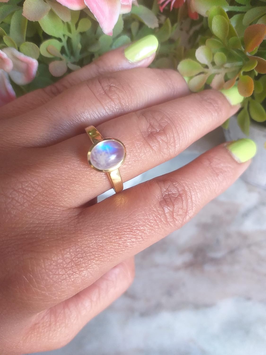 Natural Rainbow Moonstone Ring, Gold Plated Ring, June Birthstone Ring, Blue Flash Ring, Healing crystal Ring, Promise Ring, Daily Wear Ring, Engagement Ring, Gift For Her, Women Ring