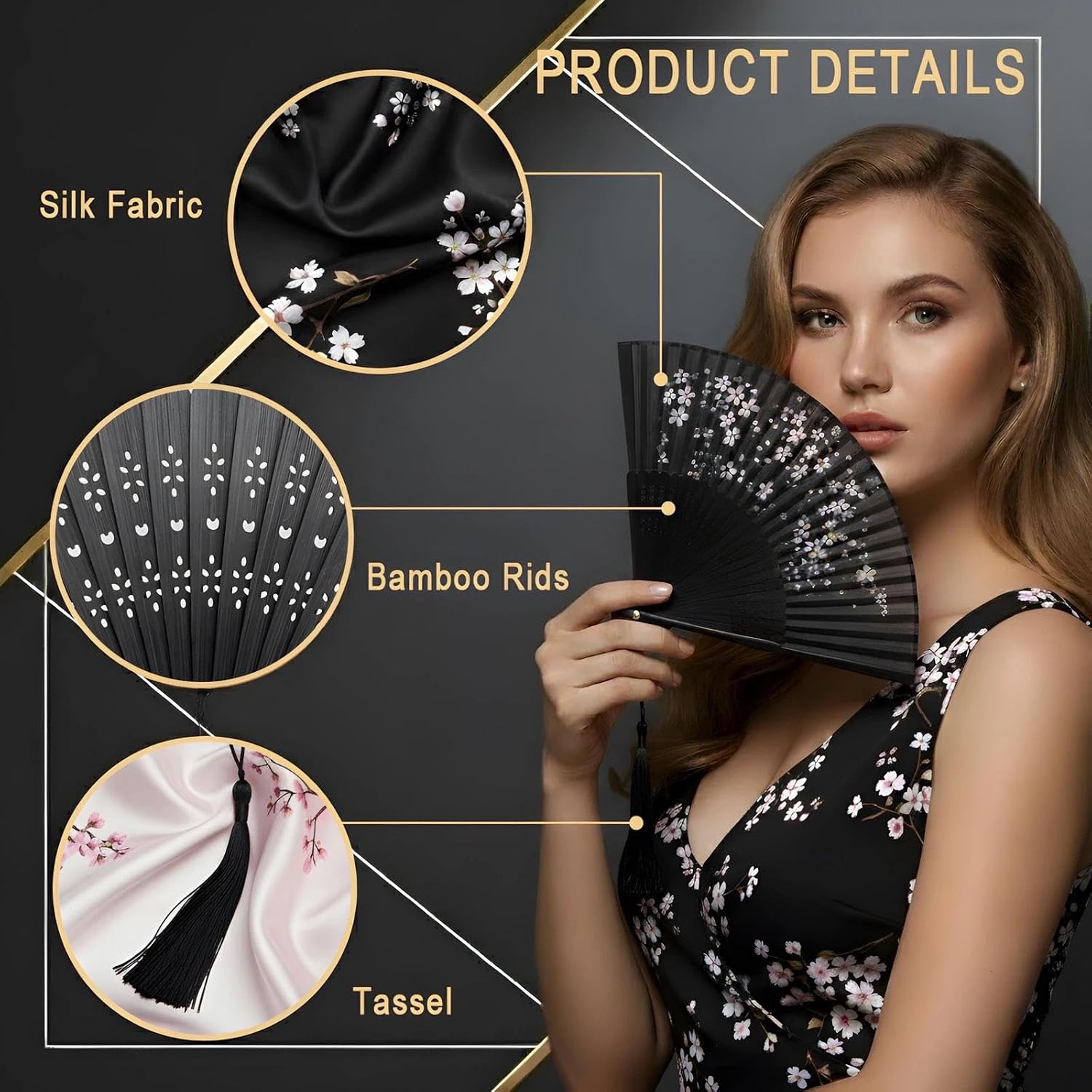 Lysa Hand Fan for Women Foldable - Portable Folding Japanese Chinese Fan - for Hot Flashes, Summer Cooling, Festivals, Church, Dancing (Black Sakura) image 3