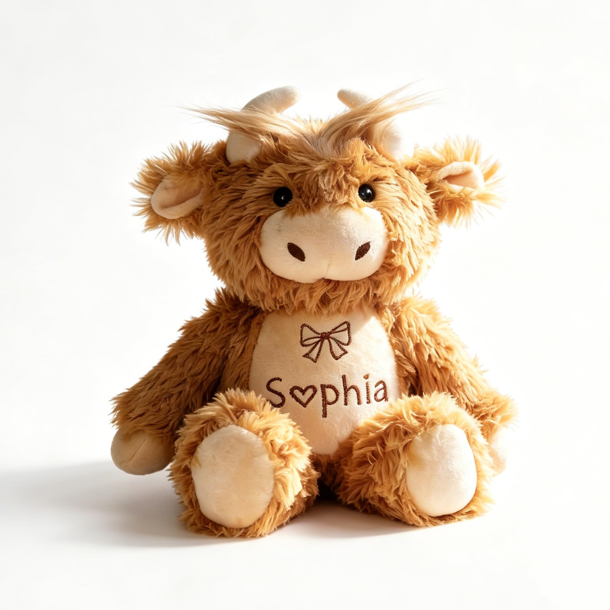 Personalised Stuffed Animals with Embroidered Name - Custom Plush Toy for Children - Soft Handmade Stitched Stuffed Animals - Personalised Baby Gift for Christmas, Easter or Birthday (Highland Cow)