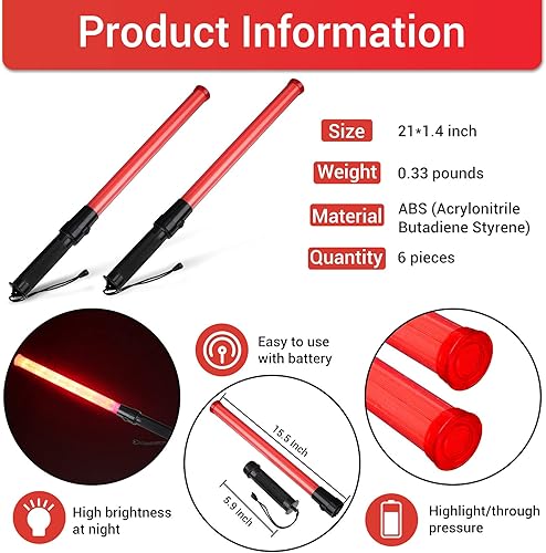 Miniatura 2 de TOODOO 6 varitas de control de tráfico de señal de 21 pulgadas, bastón de tráfico LED multifunción con 2 patrones intermitentes, cordón para correa