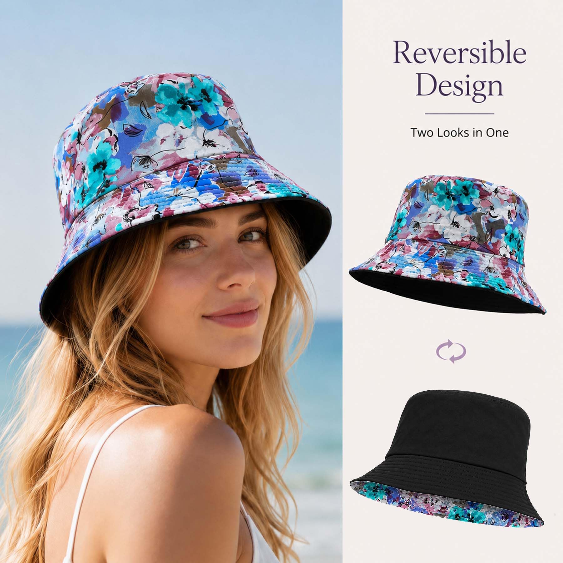 Feng Shui， Chapeaux de Seau pour Femmes - Chapeau de Seau de pêcheur d'extérieur d'été Pliable réversible Chapeau de Seau de Soleil de Plage en Coton pour Les Adolescents
