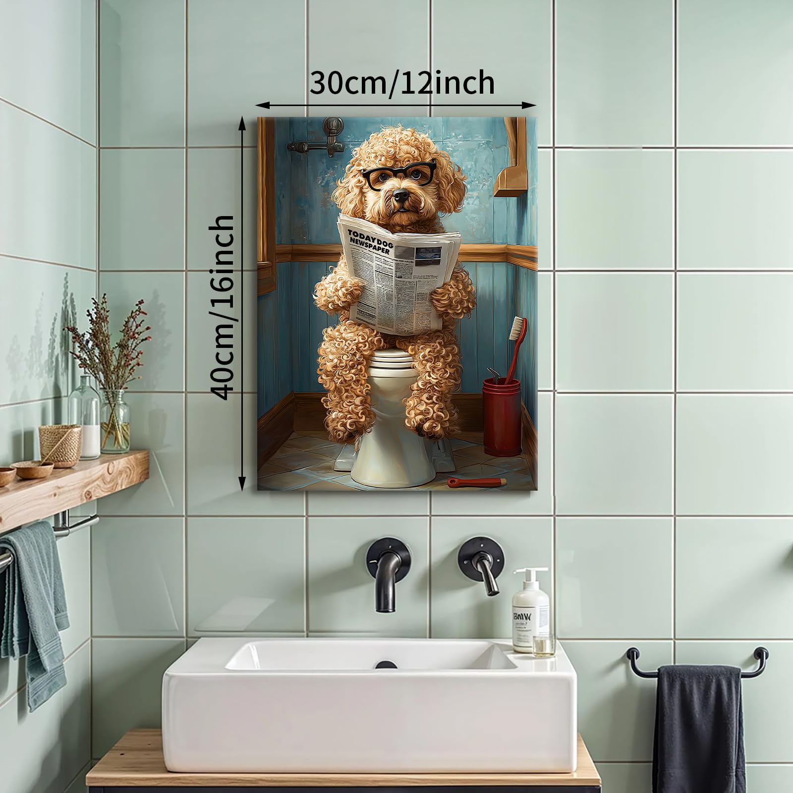 Funny Bathroom Canvas Wall Art Brown Poodle On Toilet Readin -3 Funny Bathroom Canvas Wall Art Brown Poodle On Toilet Readin -3