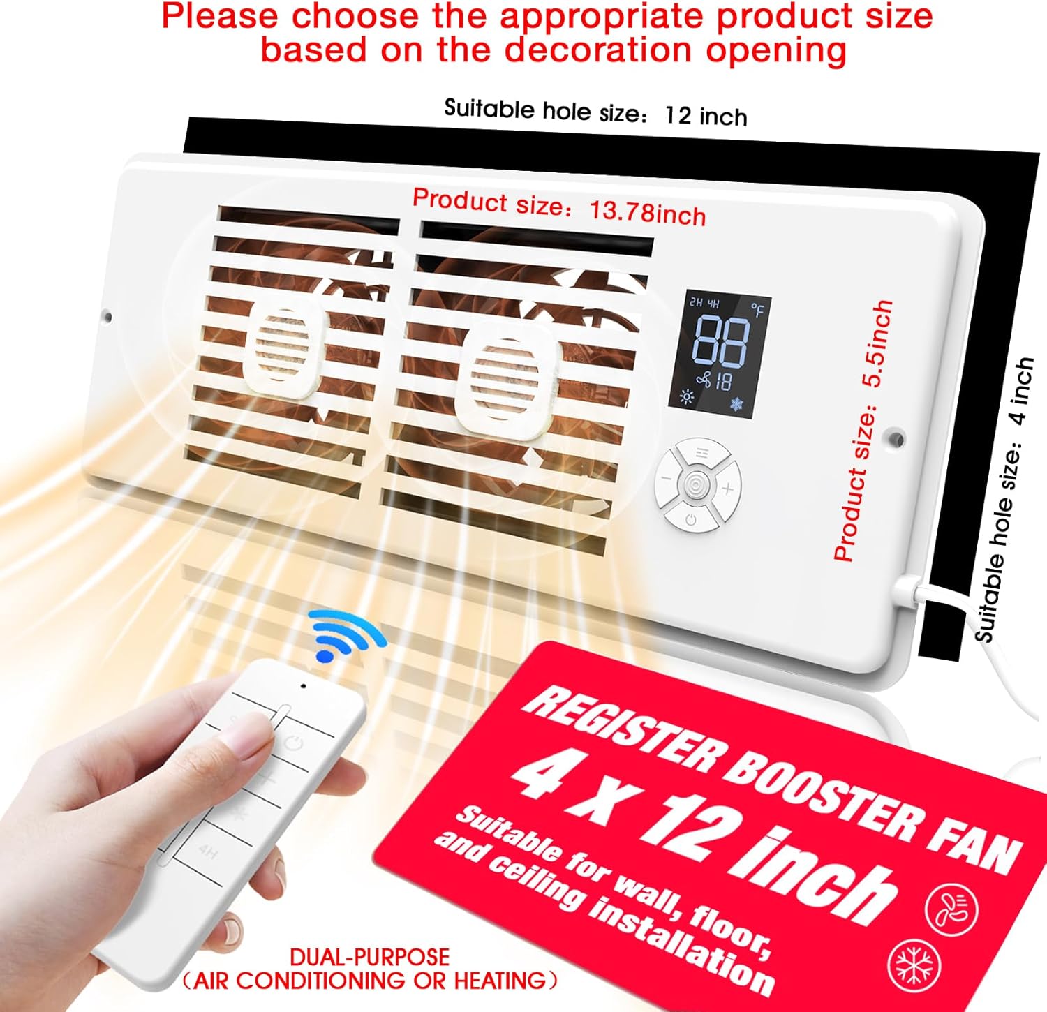 Register Booster Fan Fits 4" x 12" Register Holes, 10-Speed Smart Thermostat AC Vent Fan with Timer Setting and Aroma Function, Air Vents Fans & Heating for Wal