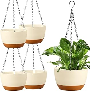 Aeetial 4 PCS Plastic Hanging Planters Set,8.3 Inch Hanging Flower Pot with Drainage Hole and Removable Tray for Indoor Ou...