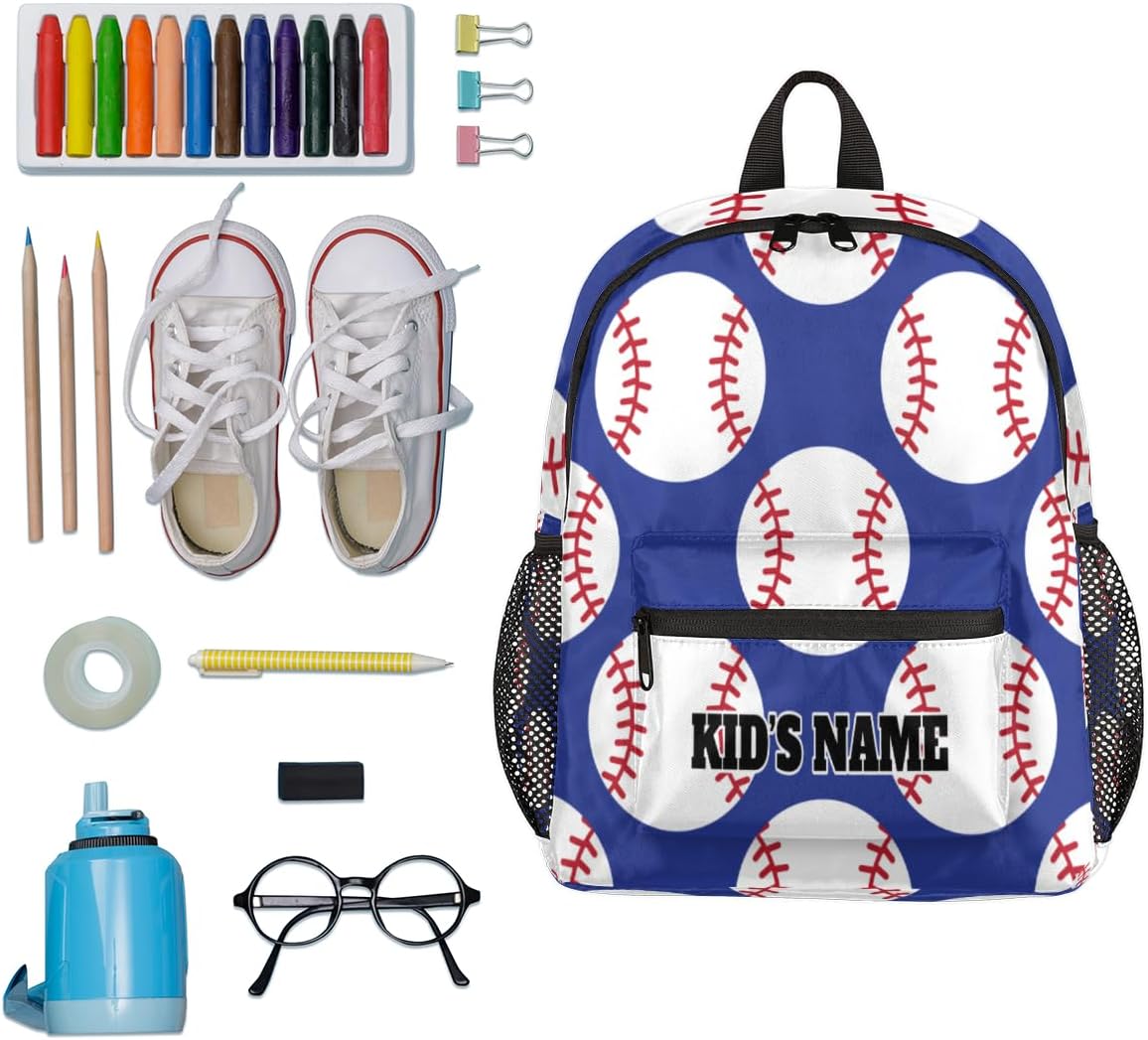 cfpolar Personalized Kids Backpacks for Boys Girls 12 In, Custom Name Mini Toddle Backpack, Waterproof School Bookbags Casual Daypack Bag for Preschool Kindergarten, Sports Baseball Blue Background