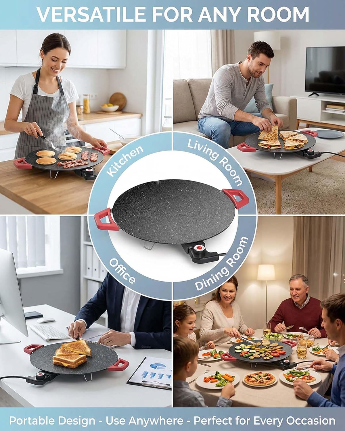 Indoor Smokeless Electric Griddle,Multi-Functional Korean Electric Indoor Grill, Portable Electric Indoor Grill Nonstick Smokeless Round Griddle,for Steaks Pancakes BBQ Family Pan