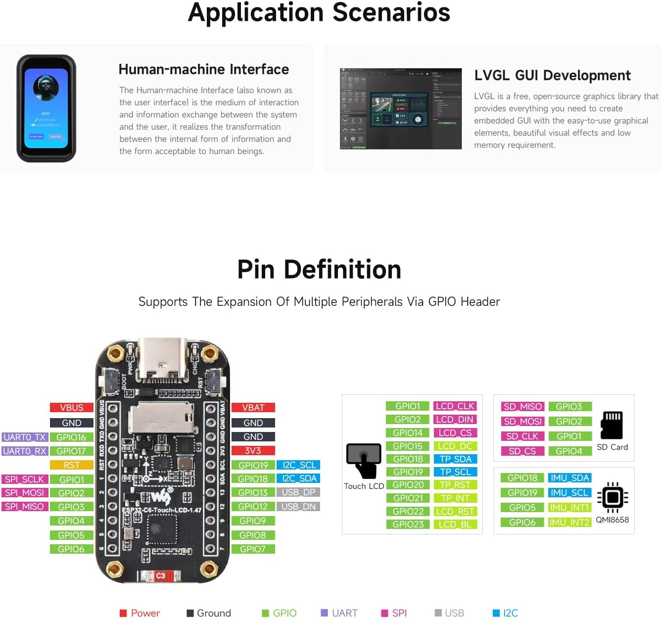 Waveshare ESP32-C6 1.47inch Touch Display Development Board, 172×320 Resolution, 262K Display Color, Supports Wi-Fi 6 / BLE 5, 160MHz RISC-V Processor, with Pinheader
