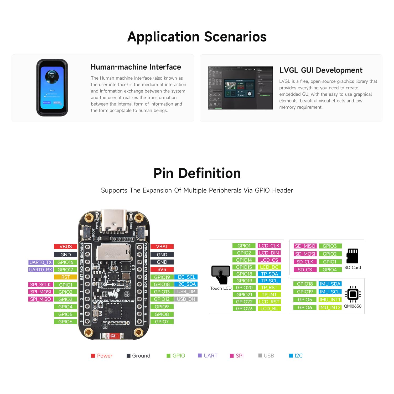 Waveshare ESP32-C6 1.47inch Touch Display Development Board(Without pinheader), 172x320 Resolution, 262K Display Color, Supports Wi-Fi 6 / BLE 5, 160MHz RISC-V Processor