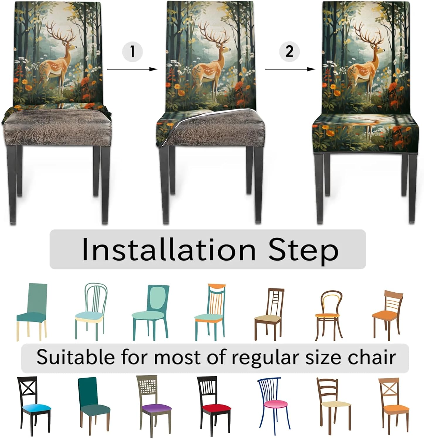 QsirBC Deep Woods Deer Flowers Stretch Dining Room Chair Covers Set of 6 Chair Slipcovers Removable Washable Kitchen Seat Covers Chair Protectors for Hotel Party Wedding