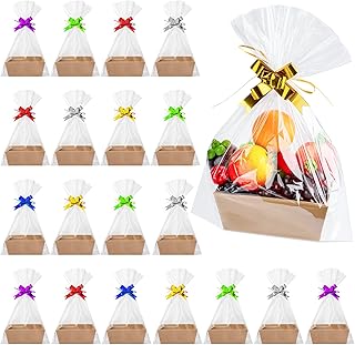 Fainne 74 Pcs Basket for Gifts DIY Empty Gift Basket Bulk Include 20 Kraft Tray with Handles 30 Plastic Bags and 24 Multicolor Bows for Graduation Wedding Birthday,8 x 6 x 3 Inches(Brown)