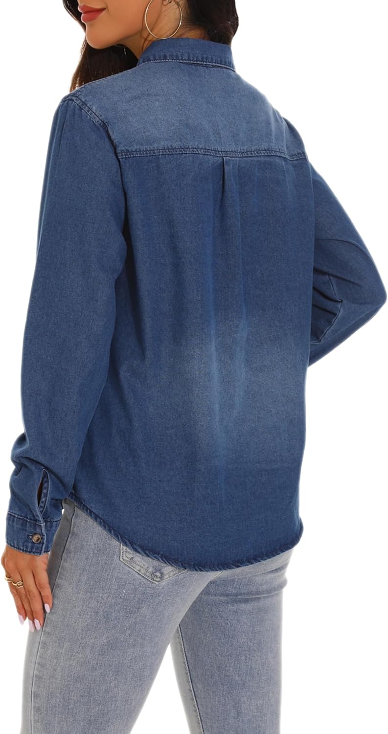 GUANYY Womens Denim Button Down Shirt Long Sleeve V Neck Jean Shirts Western Chambray Blouse Top - Image 3