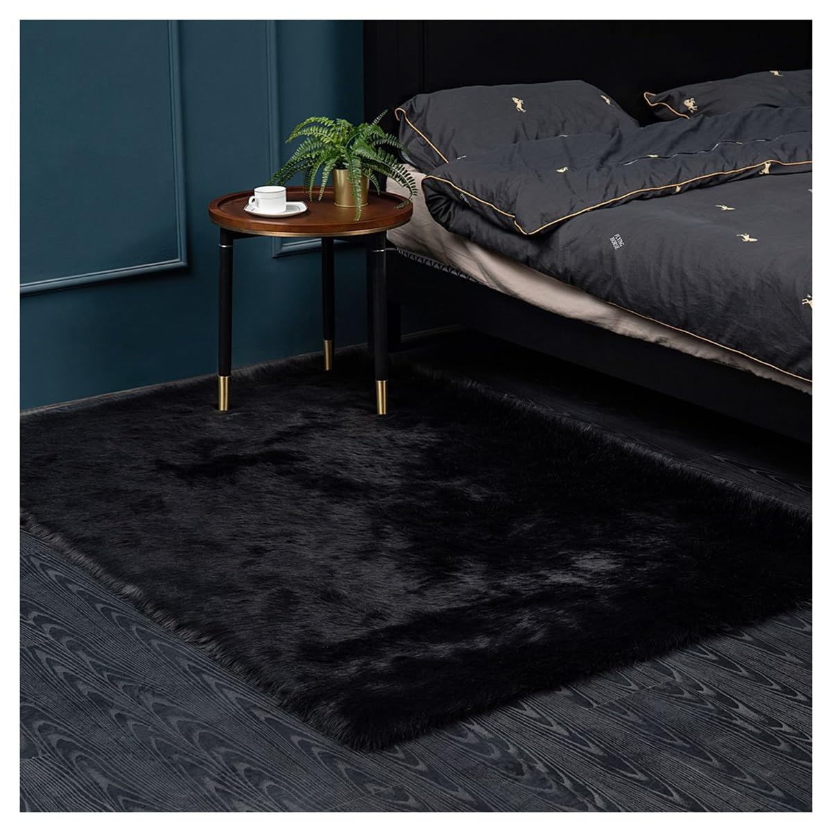 Tapis de salon noir antidérapant fausse fourrure moquette moelleuse chambre enfant