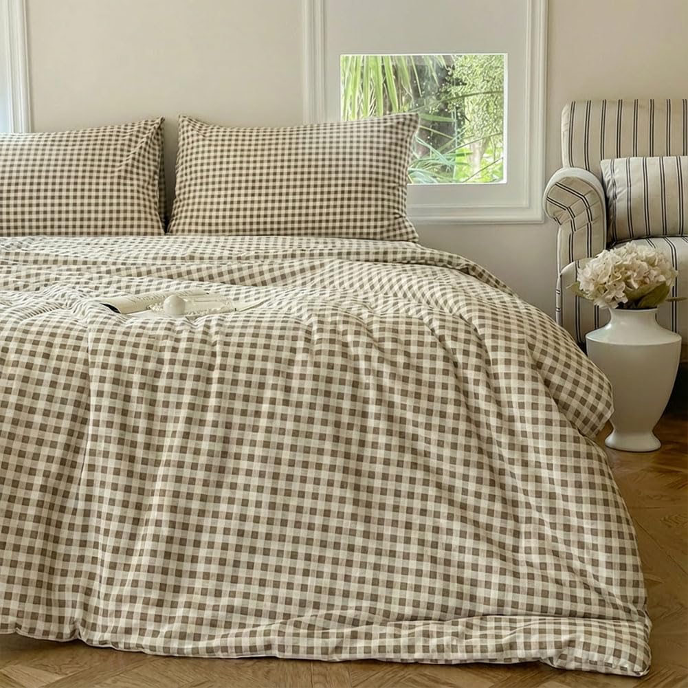 NSNLGSGC Tan Gingham Cotton Duvet Cover Set King, 100% Washed Cotton Plaid Comforter Cover Set,Brown Ultra-Soft & Lightweight Cottage Bedding Set(3PCS, King)
