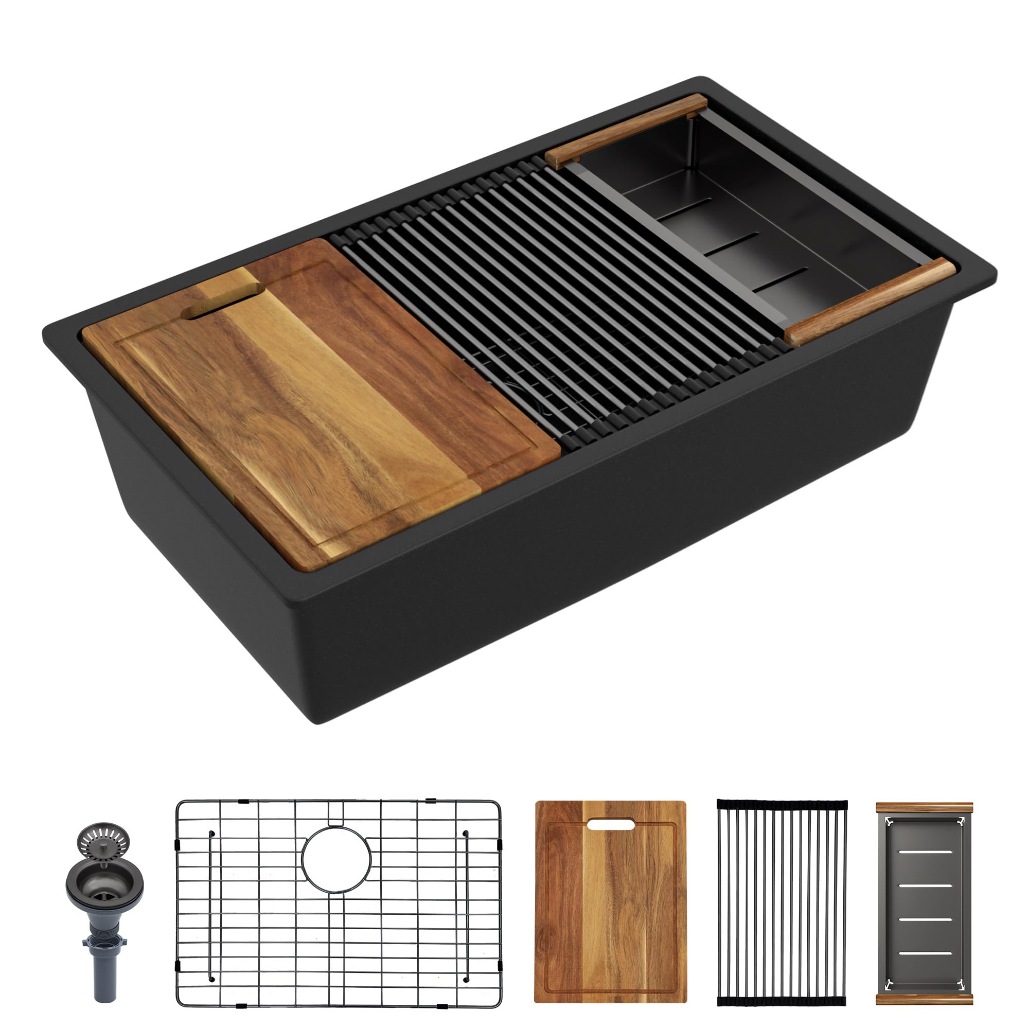Photo 1 of Fulorni 32"x19" Granite Composite Kitchen Sink - Undermount Matte Black Granite Composite Quartz Classic Ledge Workstation Under Counter Single Bowl Basin with Black Accessories
