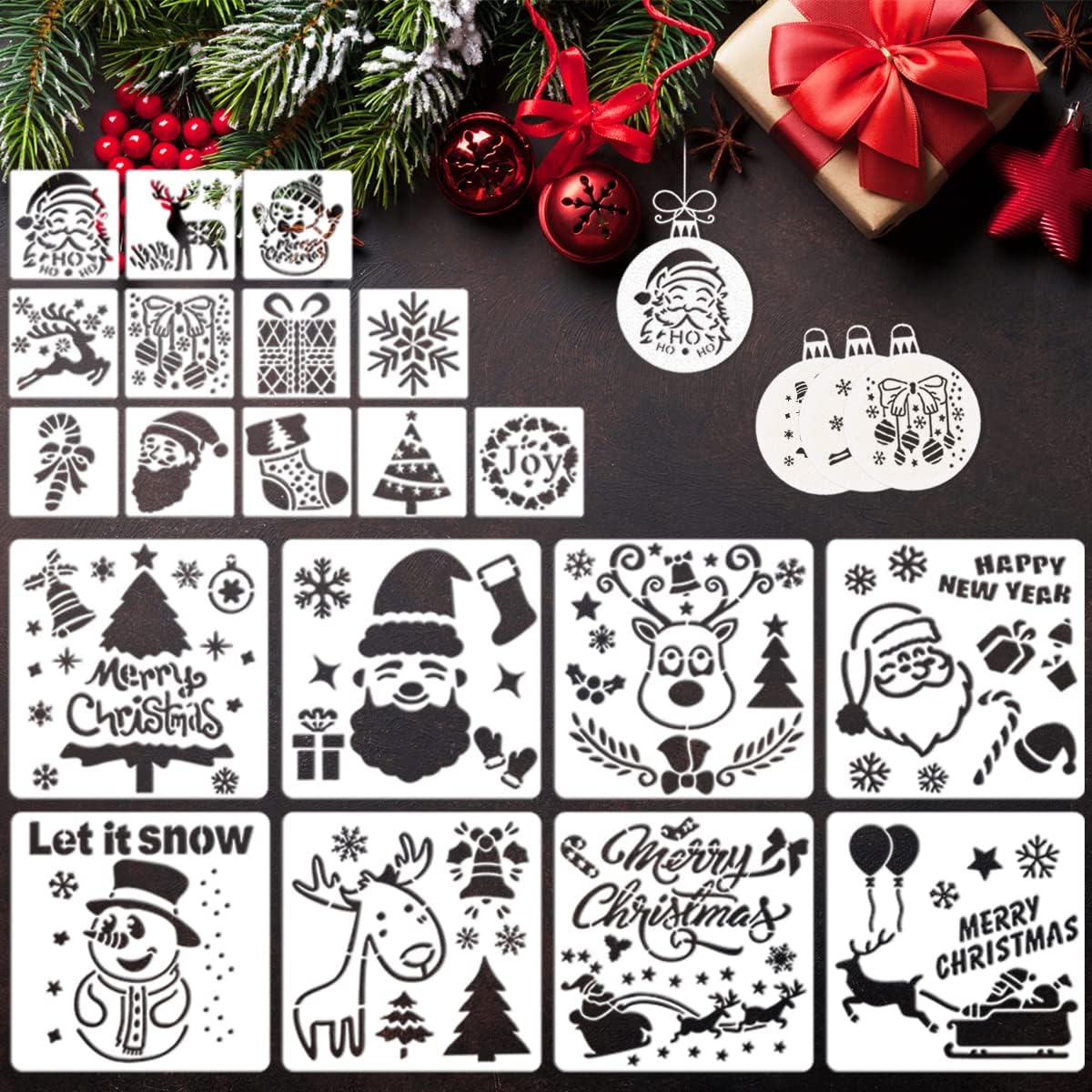 20pcs Christmas Stencils, Painting on Wood Slice Plastic