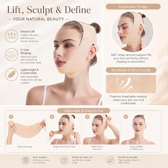 V Line Face Mask Reusable,Double Chin Reducer Lifting Strap,Breathable V Shape Slimming Bandage for Jawline and Sagging Skin,Facial Lifting Belt for Women and Men Anti-Ageing,Fu