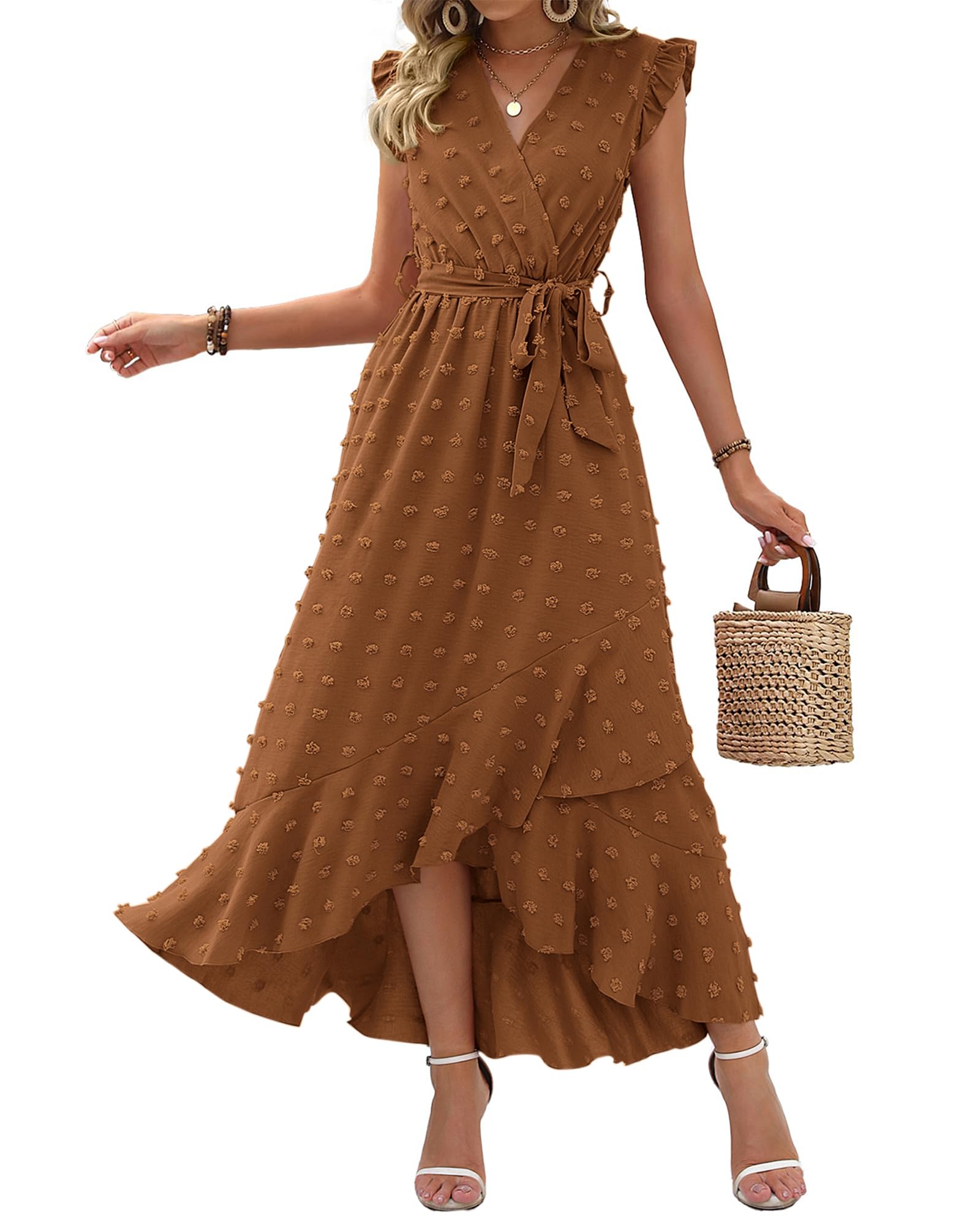 BTFBM Boho Dresses for Women 2026 Summer Fashion Cap Sleeve Swiss Dot Flowy Ruffle Beach Wedding Cocktail Maxi Dress
