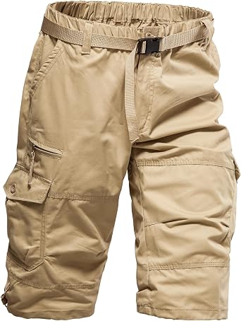 Mens Cargo Shorts Relaxed Fit Mens Below the knee Cotton Hiking Shorts | Mylldey 3/4 Mens Elastic Waist Running Shorts 7 Pockets
