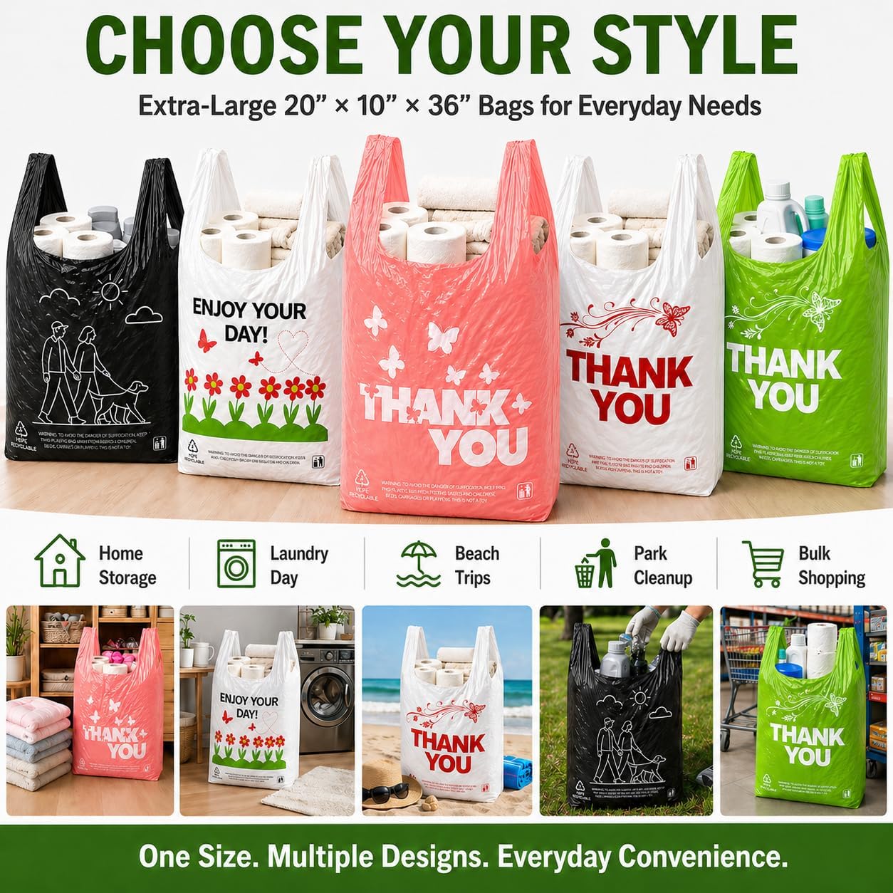 YoYoRain 50 Count White Oversized Thank You T-Shirt Bags, 20 x 10 x 36 in | 20 micron HDPE with handles, large Thank You carryout sacks for grocery, retail, takeout and small business