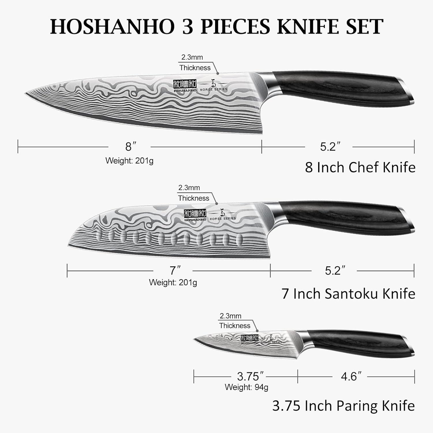 HOSHANHO 3 Pieces Knife Set, Professional High Carbon Powder Steel Kitchen Knife Set, Ultra Sharp Knives Set for Kitchen with Elegant Gift Box - Image 2