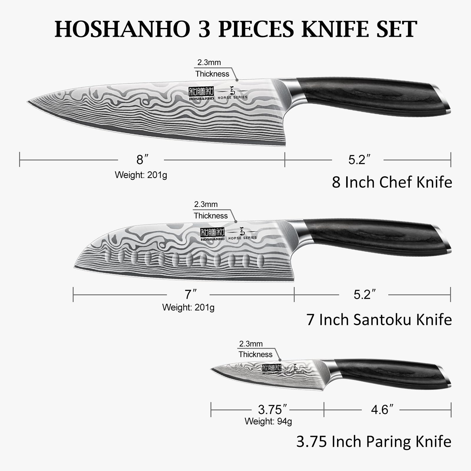 HOSHANHO Juego de Cuchillos de Cocina de 3 Piezas, Acero de Alto Carbono en Polvo, Chef Ultra Afilados con Caja de Regalo