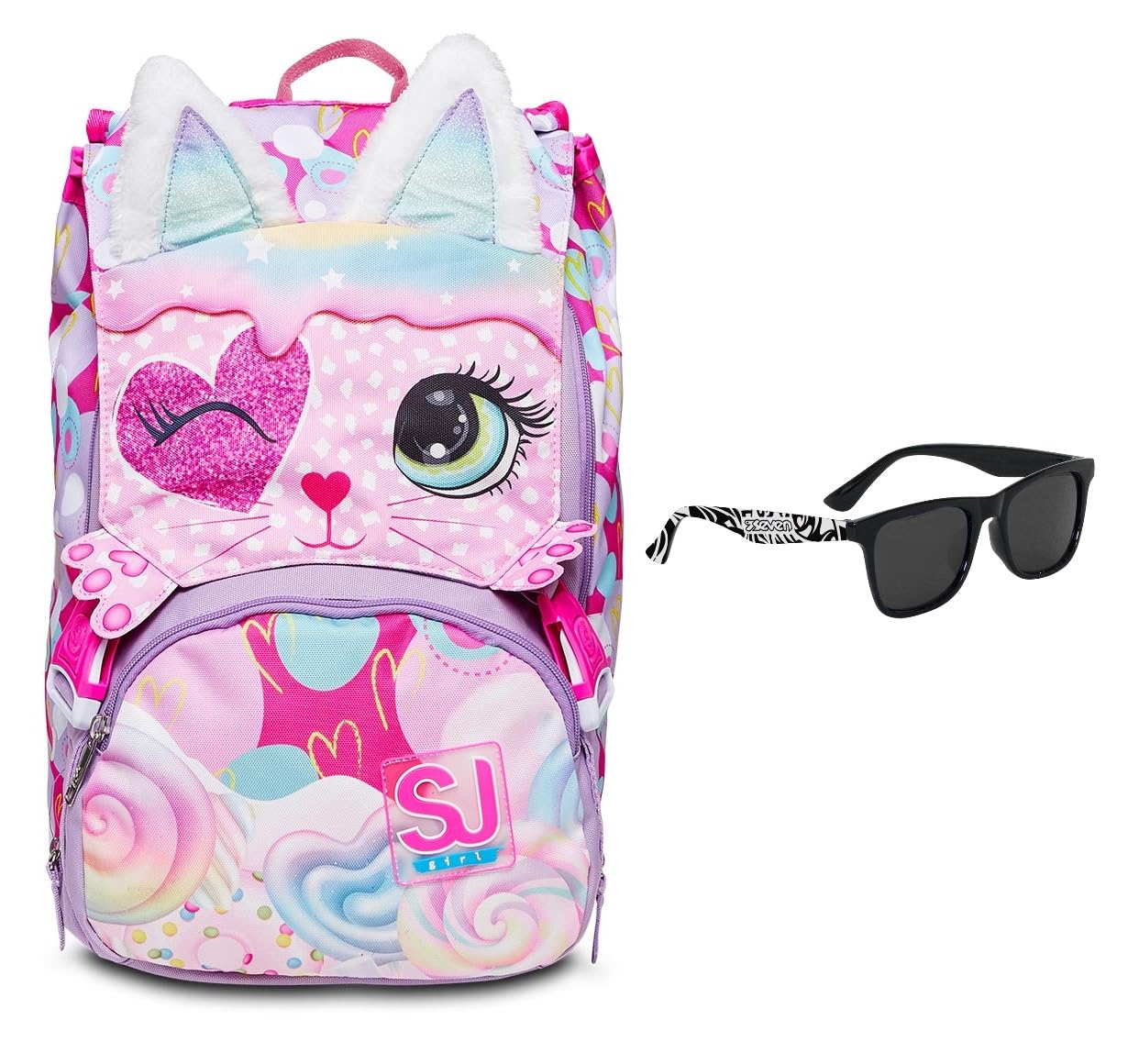 SJ Gang Zaino Scuola Estensibile, Rosa, HEART LOLLY, Zaino Doppio Scomparto - Zaino Scuola Bambina + Occhiali da Sole