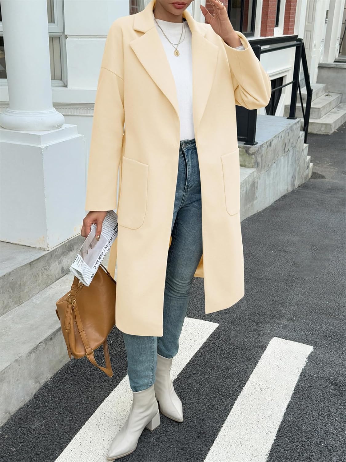 Tankaneo Womens Long Pea Coats Open Front Lapel Jackets Casual Belted Trench Coat Overcoats with Pockets - Image 5