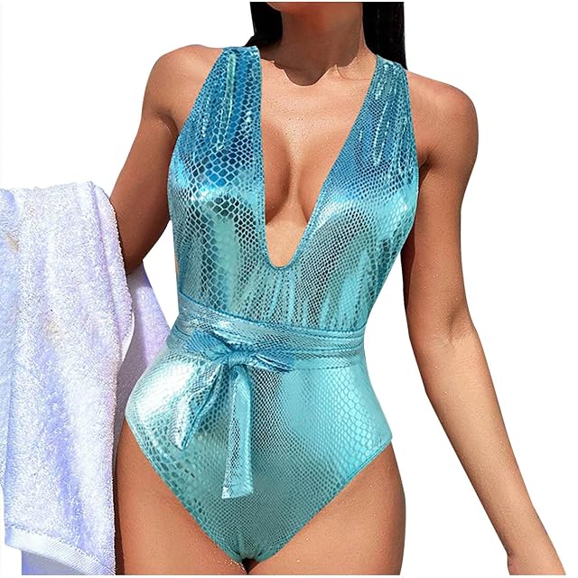 Women Shiny One Piece Swimsuit Tummy Control V Neck Bathing Suits Metallic Glitter Backless Summer Beach Swimwear