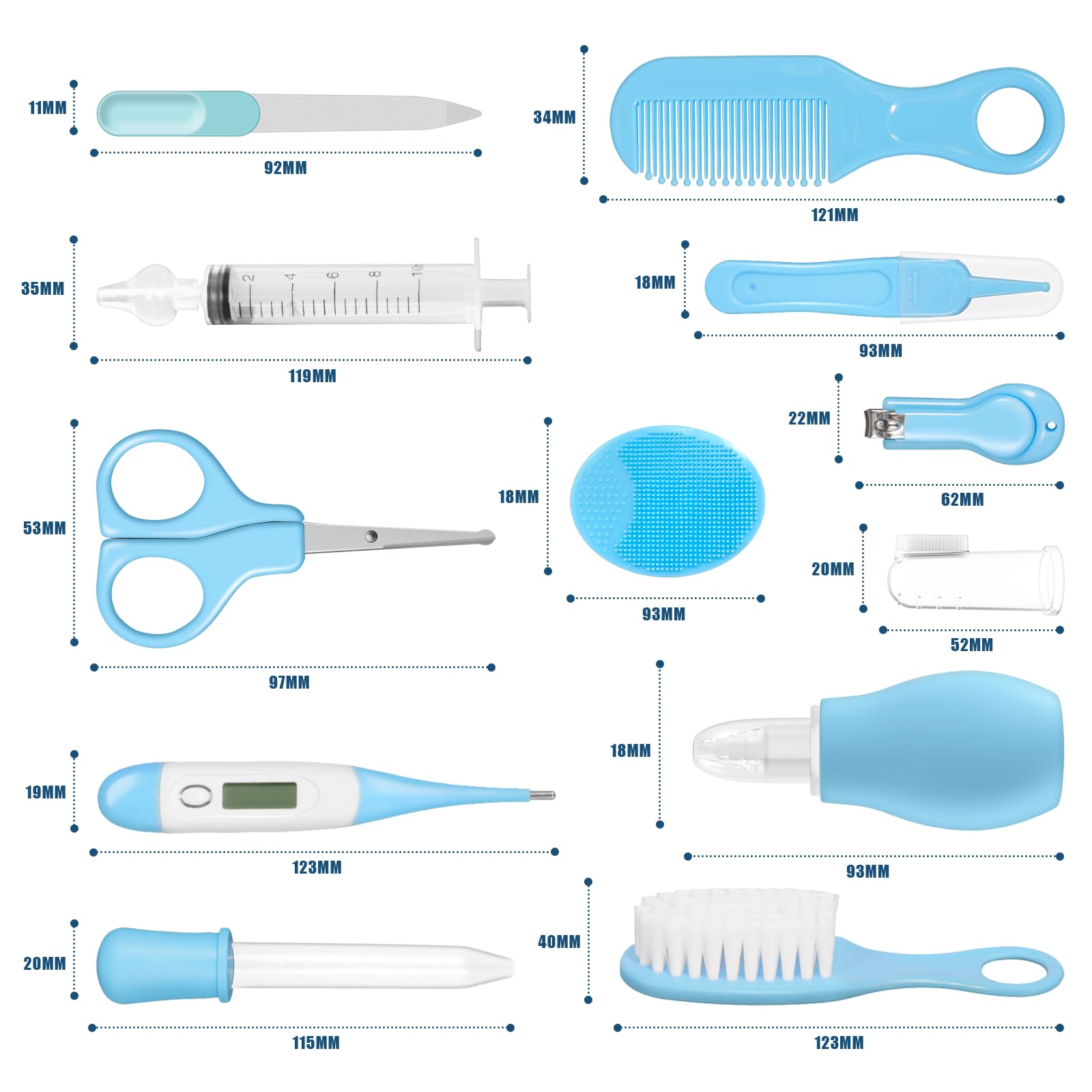 Trousse de Soin Bebe Naissance,Ensemble de 13 Pièces,Kit Soin Bebe,Équipé de Set Manucure Bebe,de Peignes et D'autres Ensembles de Soins de Sécurité pour Bébé,Baby Daily Care Essentials (Bleu)