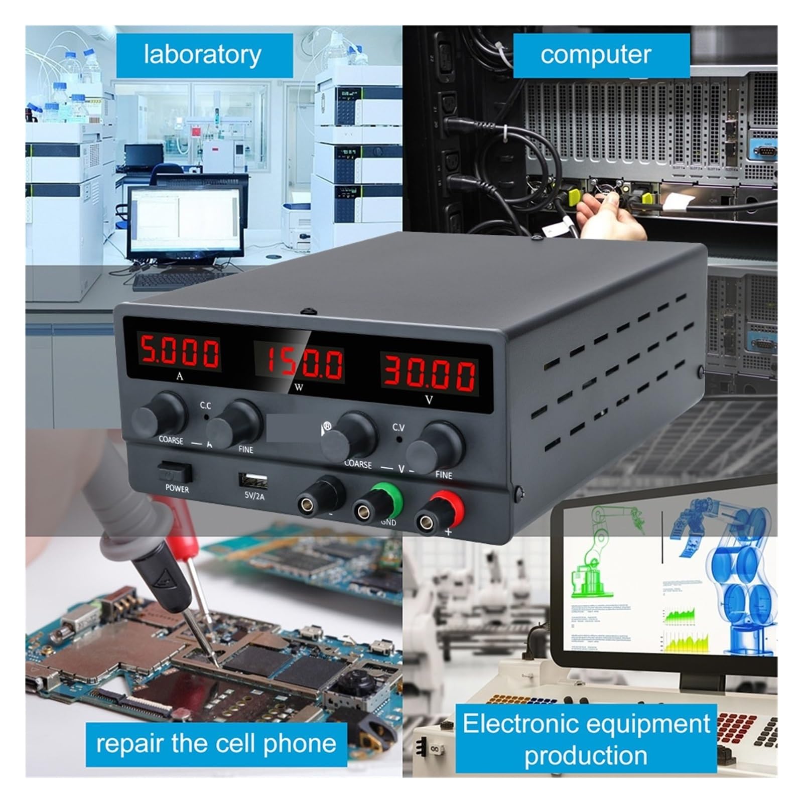 Cyfrowy regulator napięcia USB Zasilacz prądu stałego Regulowany stabilizator Laboratorium przełączające źródło ławki Łatwa Precyzyjna Regulacja(60V 5A White)