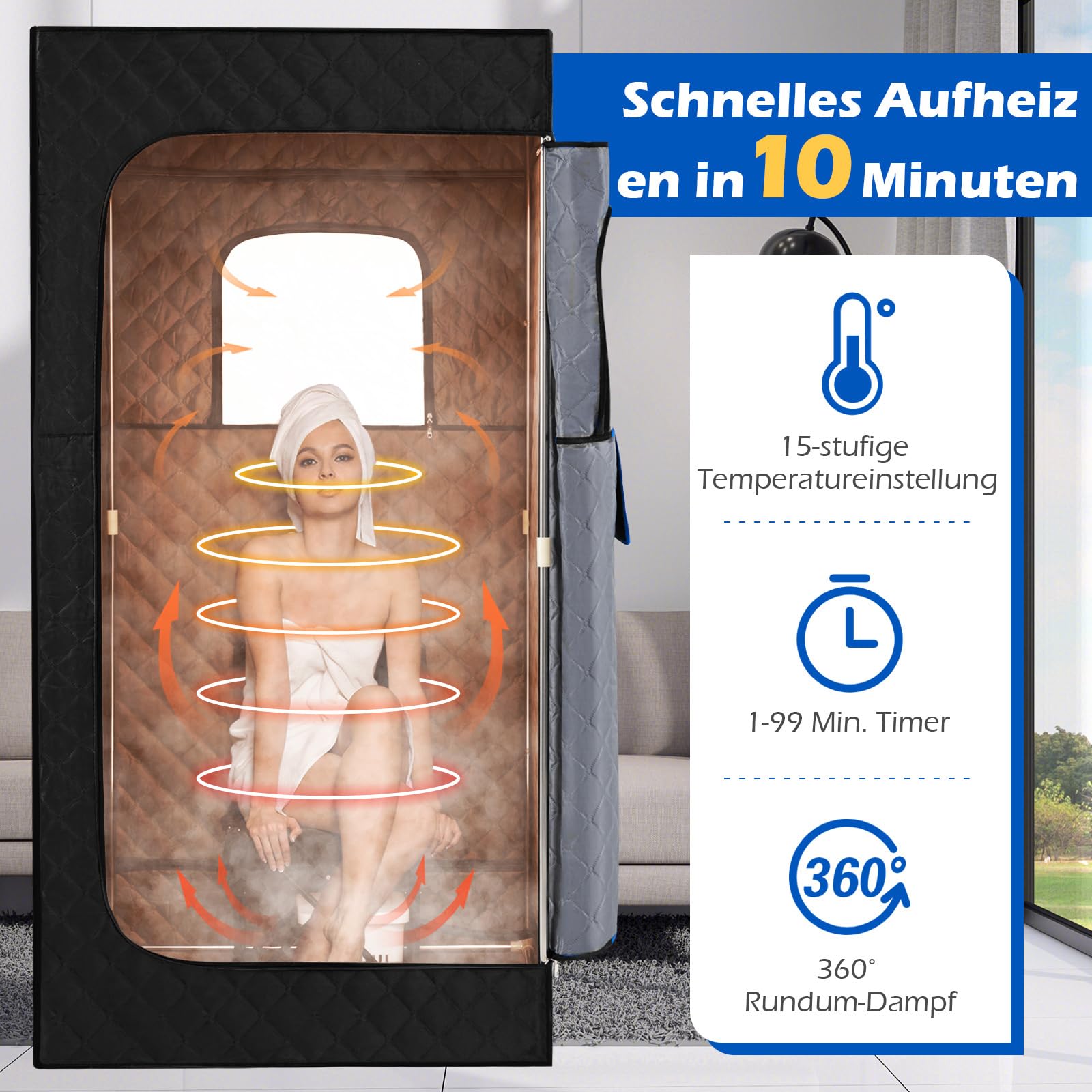 COSTWAY Sauna parowa 3 l, 1200 W, namiot do sauny z 15-stopniową regulacją temperatury, pilot zdalnego sterowania, timer, składane krzesło i mata, przenośna sauna domowa (88 x 88 x 179 cm, czarna)