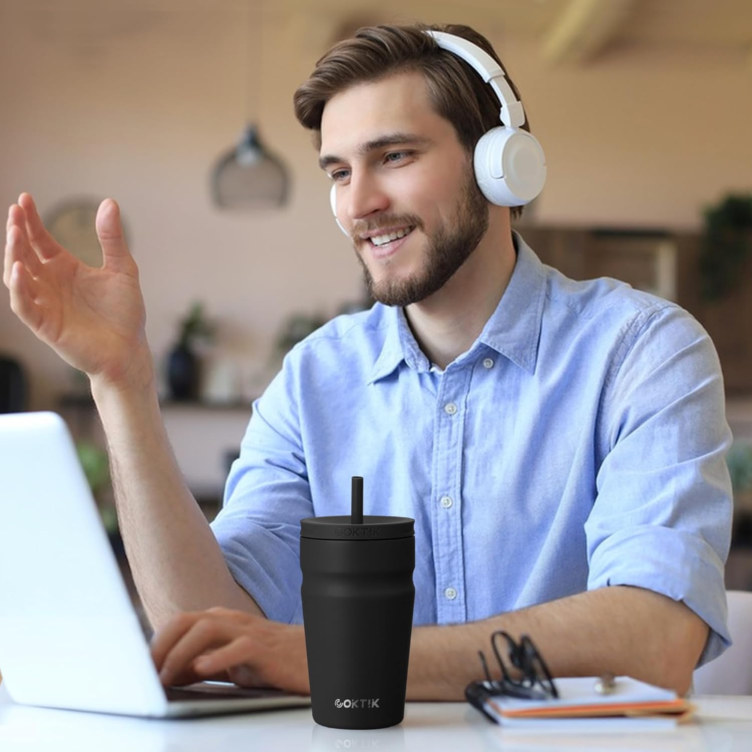 COKTIK 24oz Insulated Tumbler with Lid and Straw Iced Coffee Cup Reusable Stainless Steel Travel Mug Water Bottle Cupholder Friendly for Women Men Her Him (Almond Birch) - Image 4