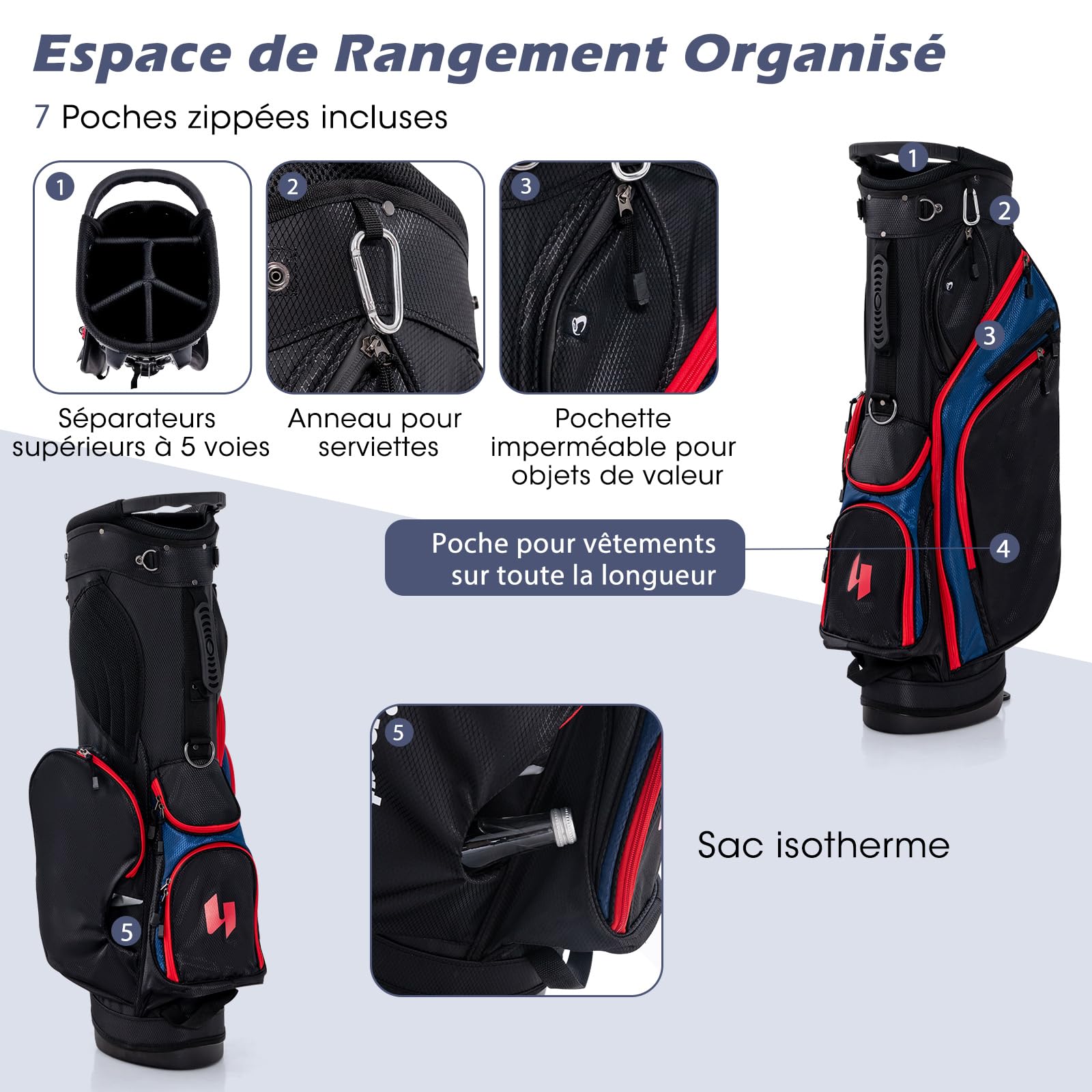 COSTWAY Ensemble Club de Golf Portable, Sac Trépied avec Capuche Anti-Pluie Driver 460CC #1, Bois de Parcours #3, Hybride #5, Fers #5#6#7#8#9#P #S et Putter, pour Droitier