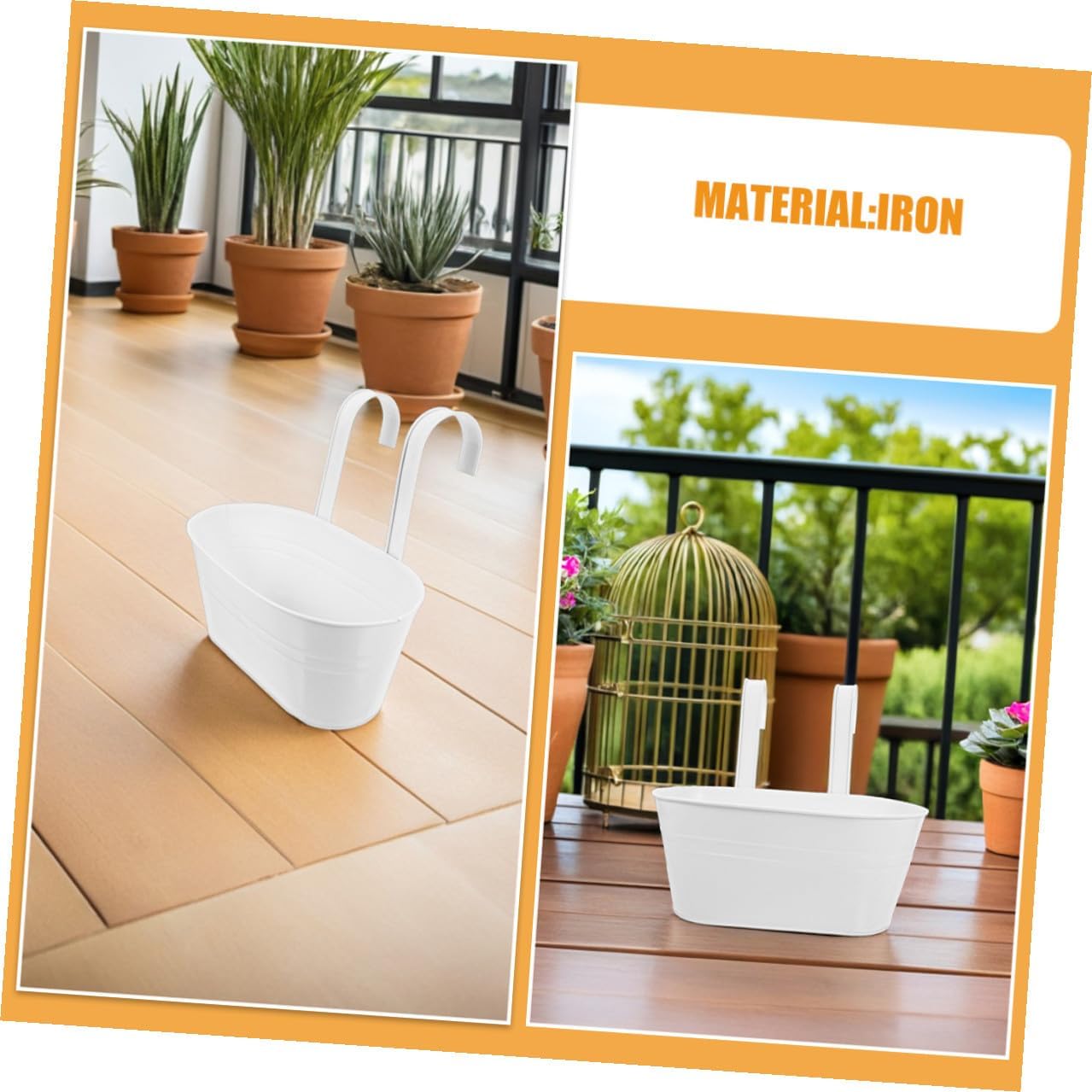 3pcs White Oval Iron Hanging Bucket Planters with Detachable Handles 27x14.5cm for Balcony Railing Garden Window Outdoor Plant Holders