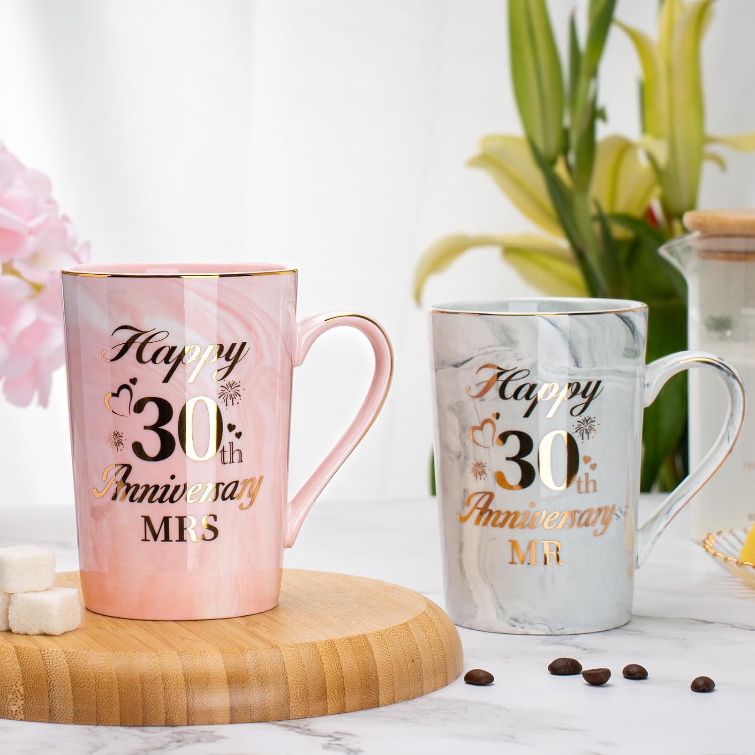 30th Anniversary Wedding Gifts, Pearl Anniversary Wedding Gift 2PCS Happy 30th Weddin-g Anniversar-y Mr Mrs Gift Marble Ceramic Cup Set 14oz, 30t-h Anniversar-y Couple Gifts for Parents, with Giftbox - Image 2