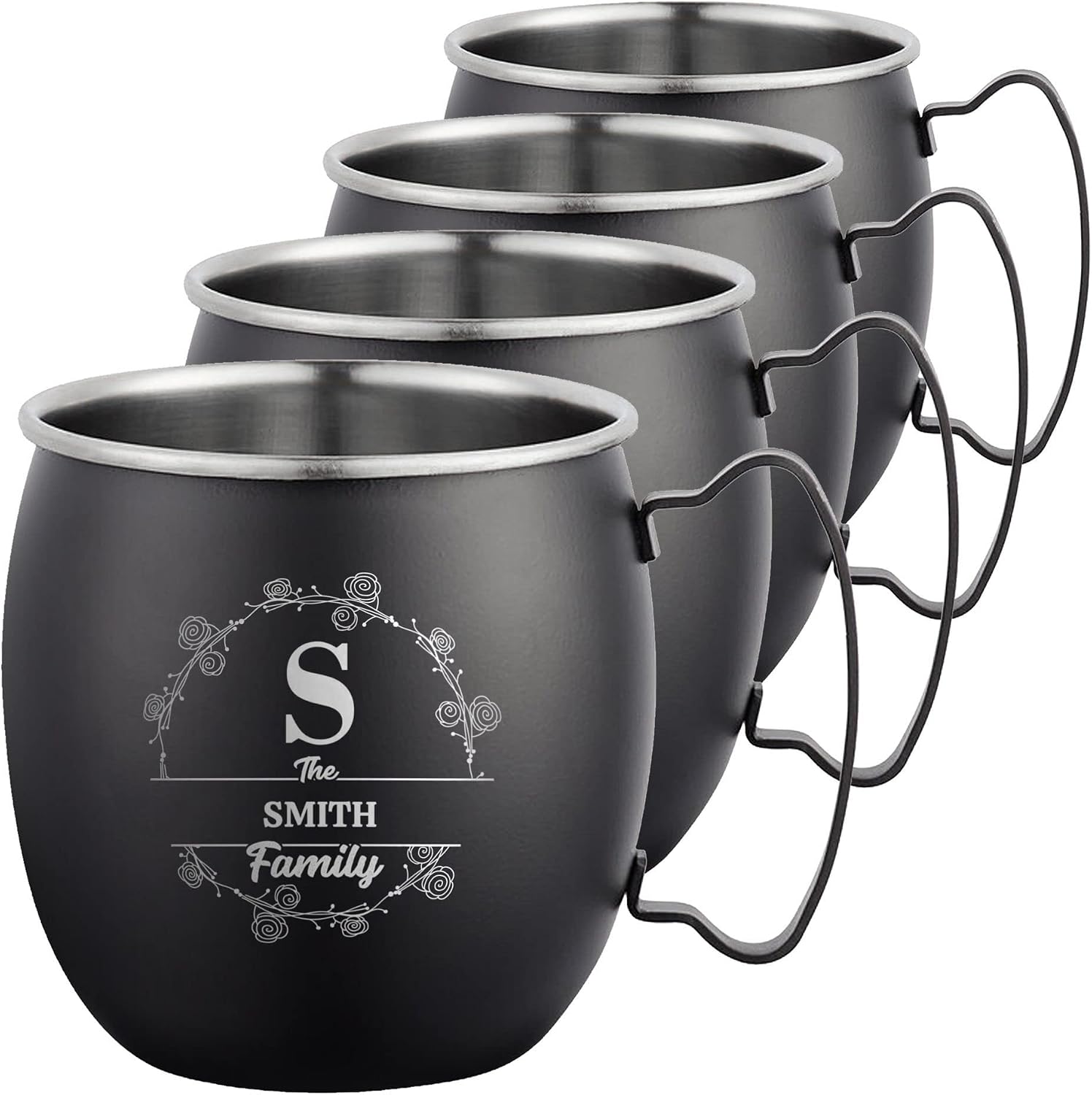 Personalized Custom Smooth Finish Black Moscow Mule Mugs with Floral Family Initials Monogram Engraved Bar Style Cup, 16 oz | Set of 4
