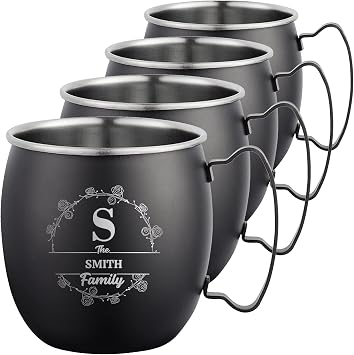 Personalized Custom Smooth Finish Black Moscow Mule Mugs with Floral Family Initials Monogram Engraved Bar Style Cup, 16 oz | Set of 4
