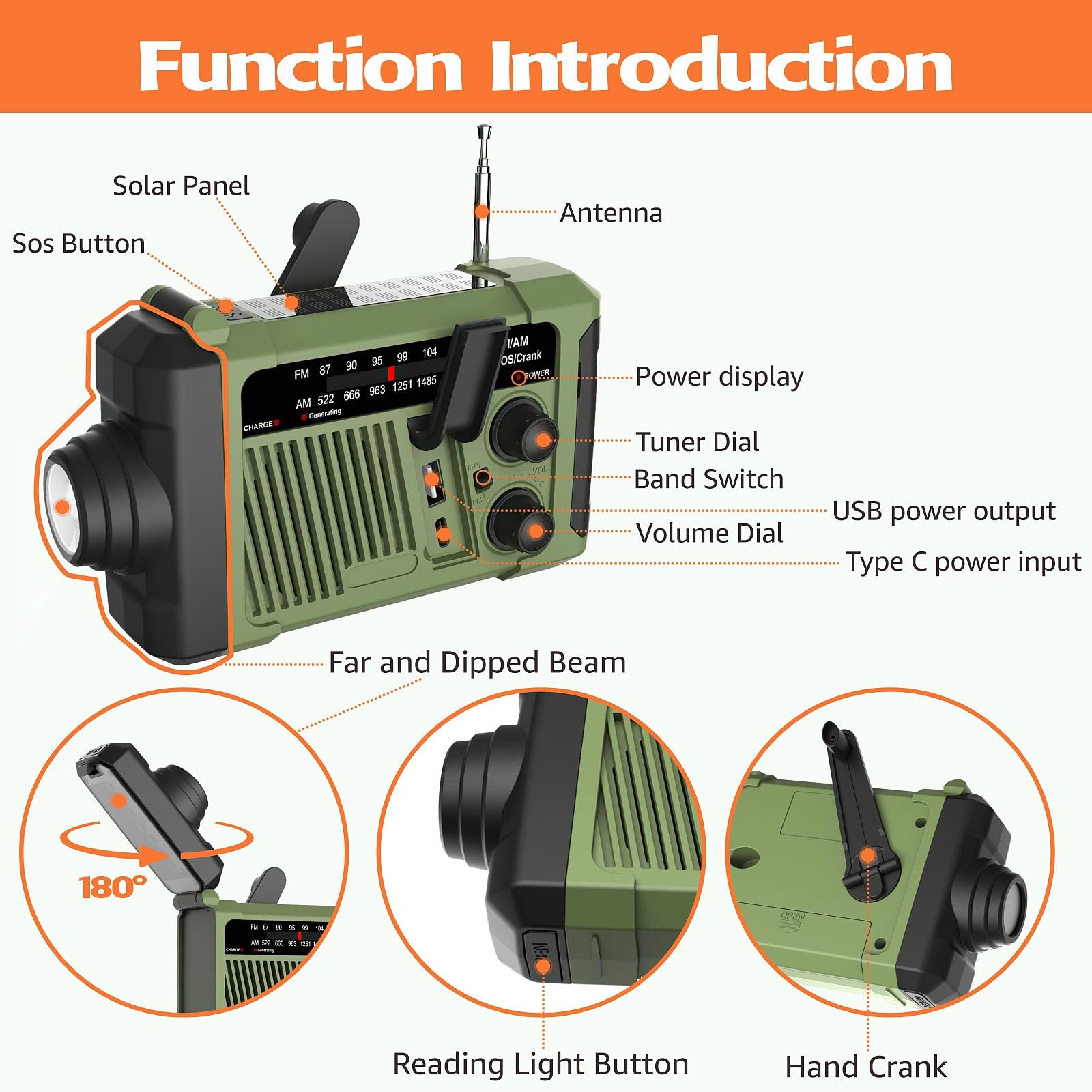 Radio de Emergencia Am/FM Radio Solar de grieta de Mano Alarma SOS operada por batería y Linterna de Emergencia (Verde)