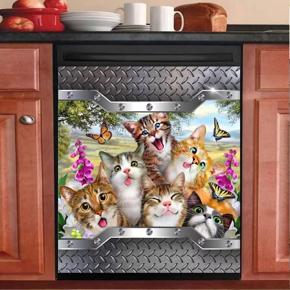 Dishwasher Cover Cute Cat Realistic Stainless Steel Door,