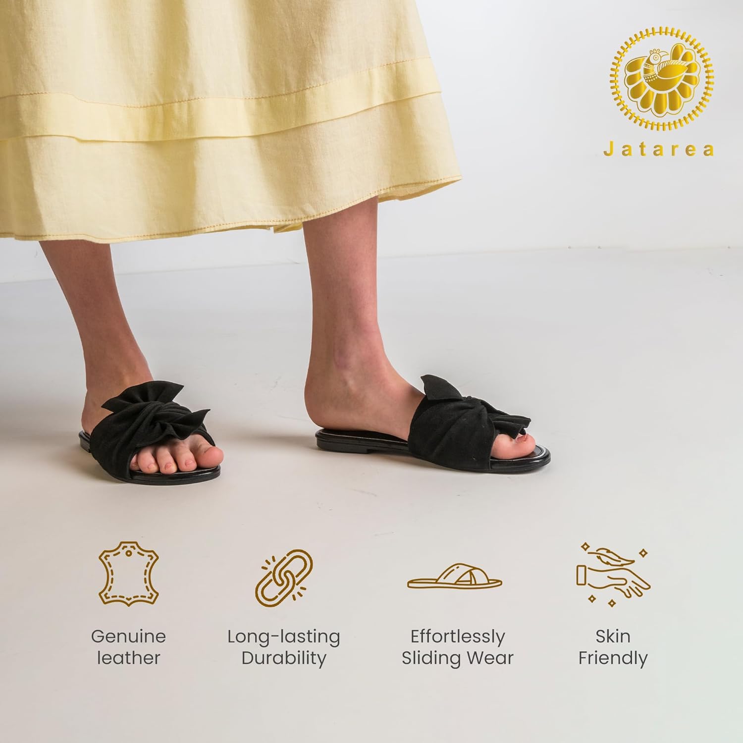 JATAREA Women’s Slip-On Leather Flat Sandals with Round Open Toe | Classic and Trendy Slippers - Image 3